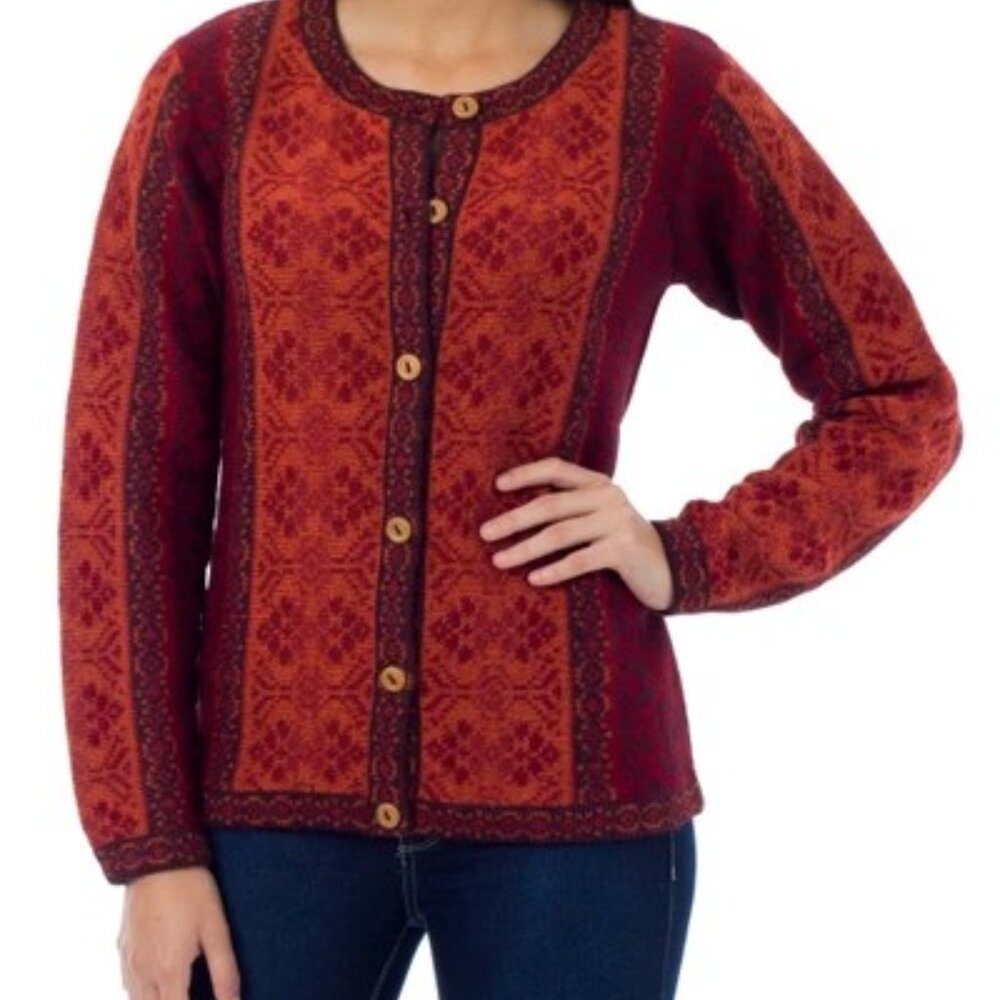 NOVICA Andean Poinsettia 100% Alpaca Wool Knit‎ Cardigan Sweater- Women's Medium